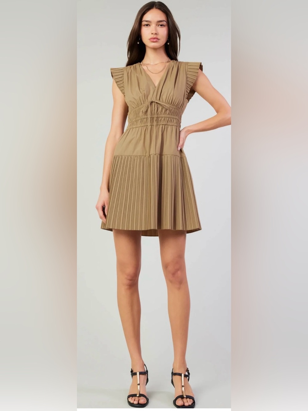 New Brienne Current Air Pleated Mini Dress Medium- Latte Color.